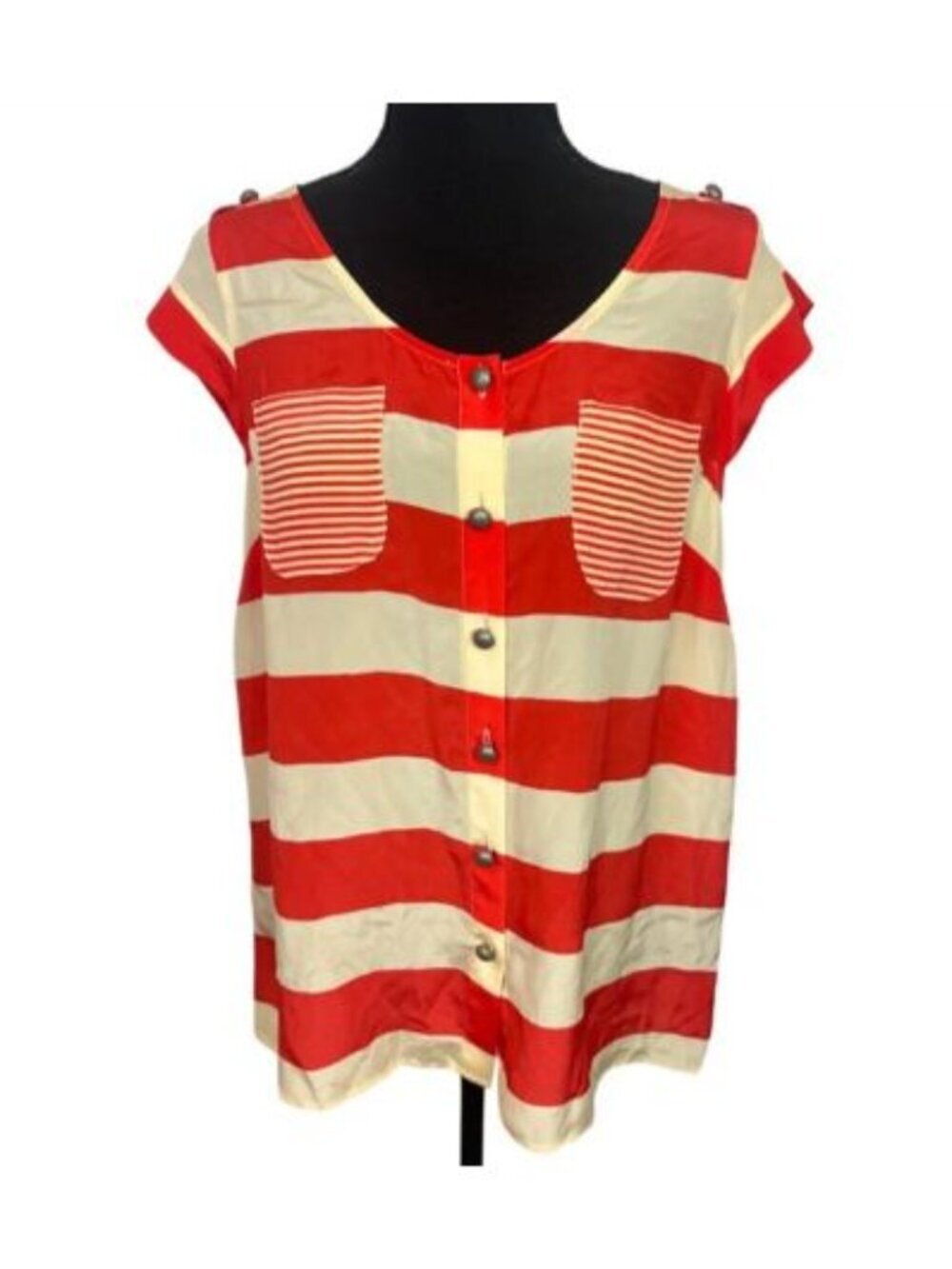 Odille Anthropologie Red Cream Striped 100% Silk Button Front Blouse Size 8